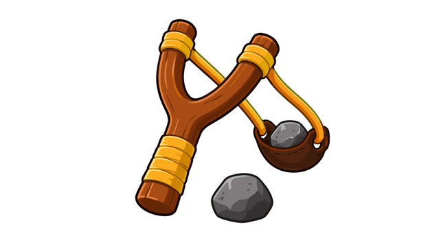 Cartoon wooden slingshot with stones on white background