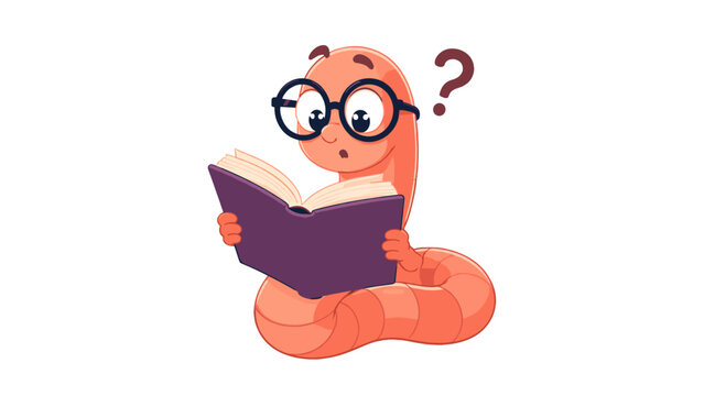 Cartoon worm with glasses reading a book and question mark