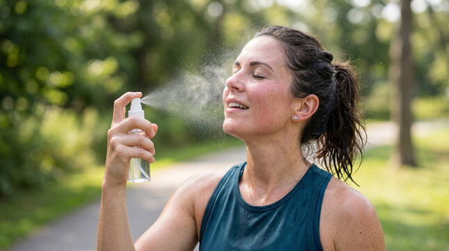 Woman spraying facial mist outdoors for post workout cooling and skin refresh background for fitness and wellness design