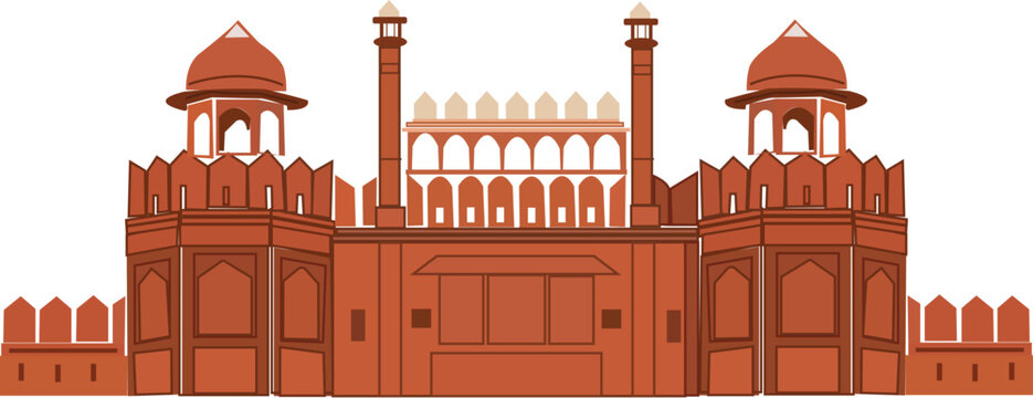 Red fort illustration depicts a historic indian palace with arched gateways and crenellated walls