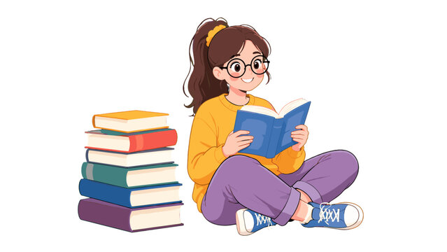 Cute girl reading a book beside a stack of books illustration