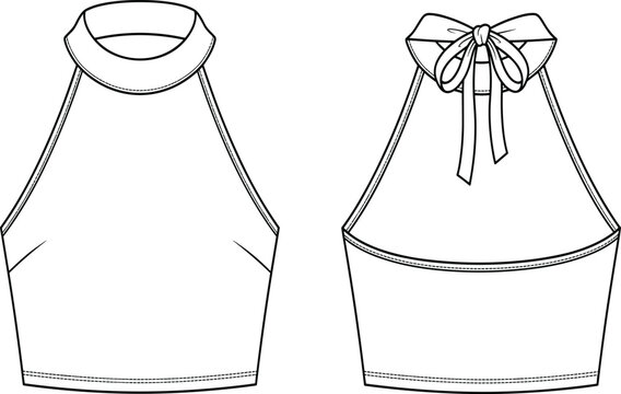 Flat sketch of a stylish high neck crop top with a back bow tie for apparel design