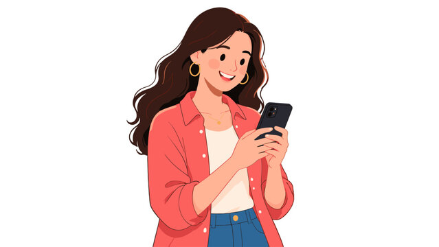 Smiling woman using smartphone in casual outfit vector illustration