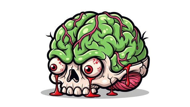 Cartoon zombie brain on skull illustration with eerie grotesque features and graphic horror style.