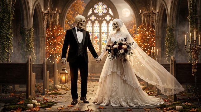 Gothic Skeleton Bride and Groom Halloween Wedding in Church