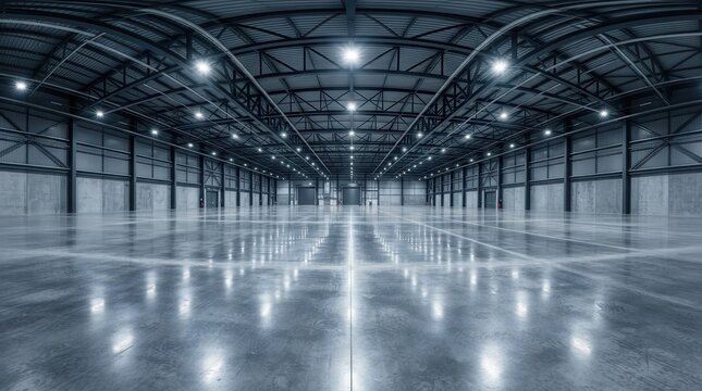 Large empty warehouse hangar interior with seamless 360 degree spherical HDRI panorama.