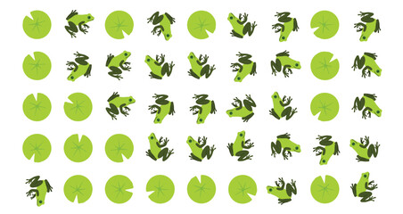 green frog silhouettes in various poses with lily pad shapes arranged in rows white background © Fendik eps