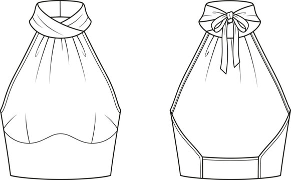 Flat sketch of an elegant halter neck crop top with a back bow tie for apparel design