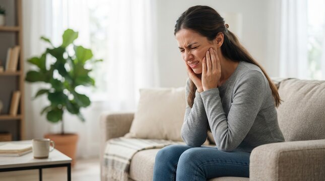 Young woman suffering from TMJ syndrome and jaw pain while sitting at home.