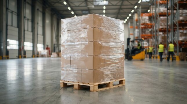 Cardboard boxes wrapped in clear stretch film on a wooden pallet in a warehouse.