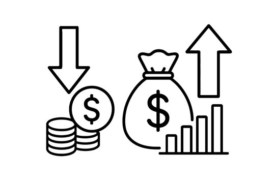 Money increase and decrease line icons with coins and chart
