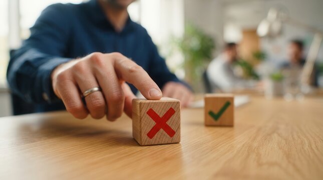 A hand pushes a red cross mark block to choose cancellation and reject a business document.