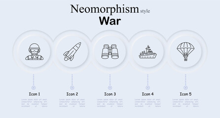 Obraz premium War neomorphism set icon. Armed soldier, flying missile, surveillance binoculars, naval battleship, airborne parachute, military transport, tactical operation graphics.
