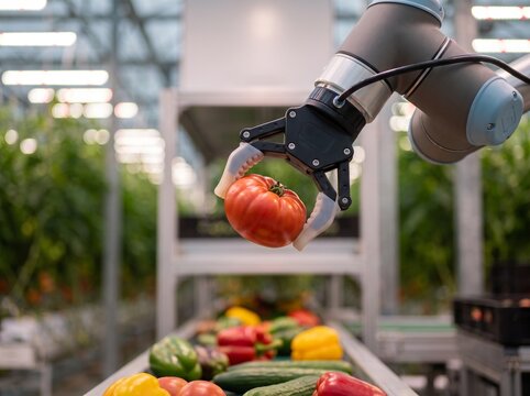 Robotic arm picking a fresh red tomato on an automated vegetable sorting conveyor in a greenhouse