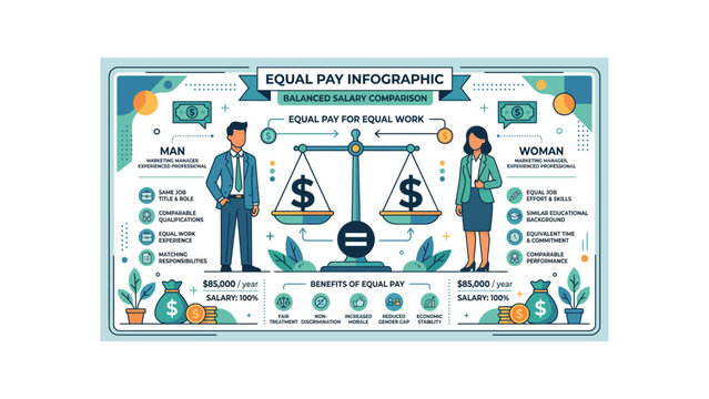 Equal pay infographic with balanced salary comparison, gender pay gap vector illustration, fair income and workplace equality concept for business