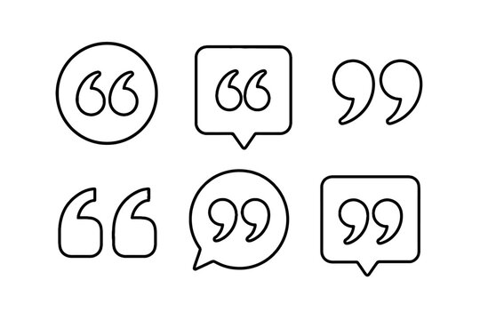 Quotation mark and speech bubble outline icon set