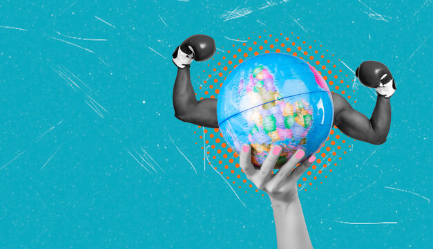 Art collage showing a hand holding a globe with muscular arms in boxing gloves on a blue background