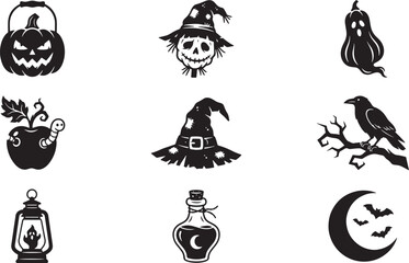 Fototapeta premium Vintage Halloween icons set, black and white spooky vector elements, 9 hand drawn occult illustrations for autumn holiday design