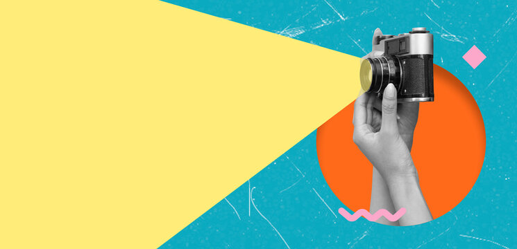 Art collage of a hand holding a camera with a colorful background