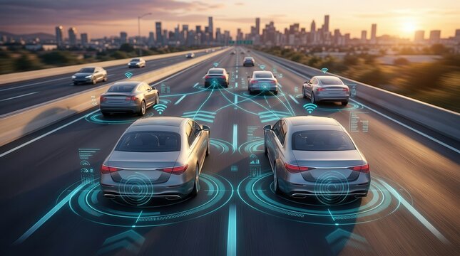 Autonomous cars driving on a highway with a digital network overlay.