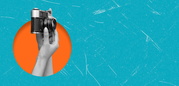 Art collage showing a hand holding a camera with a bright orange circle on a blue textured background