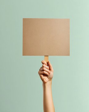Hand holding blank cardboard sign against a light green background.