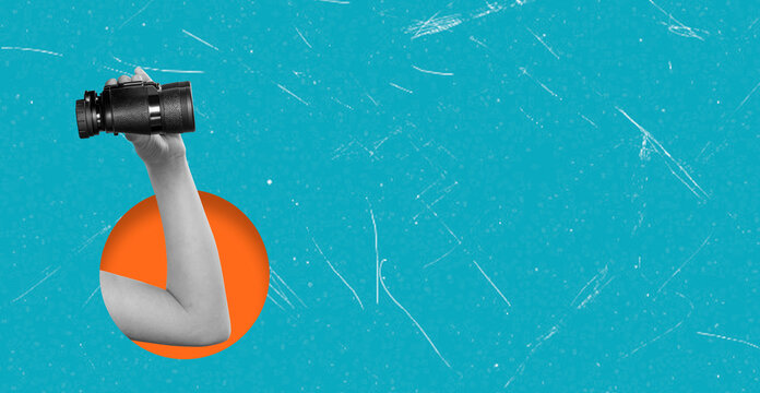 An artistic collage depicting a hand holding binoculars against a bright blue background with an orange circle