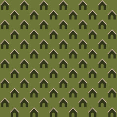 Seamless dog house pattern on an olive green background. Cute repeating pet design for pet products, veterinary branding, wallpaper, textiles, wrapping paper and packaging. © MedReda