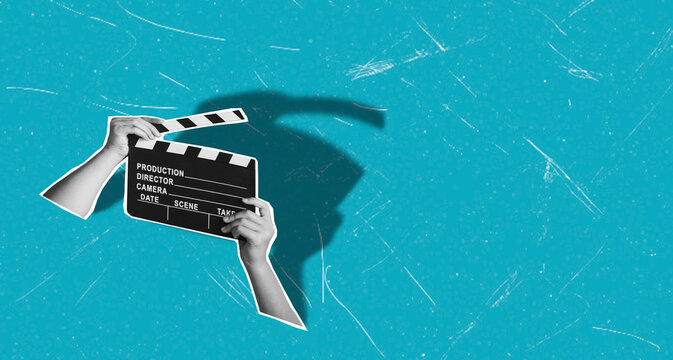 Art collage of hands holding a film clapperboard against a blue background