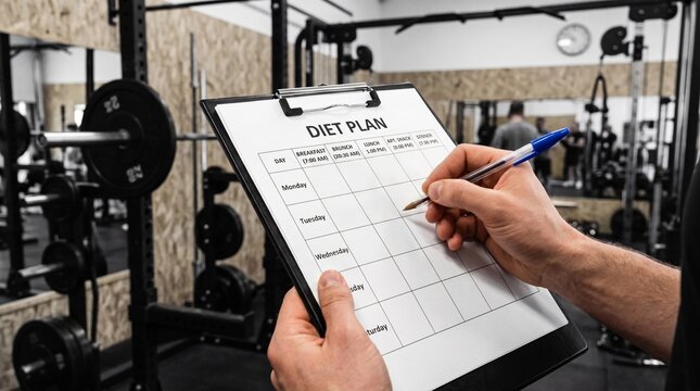 Close up of person hand holding pen and clipboard with diet plan schedule in fitness gym background.
