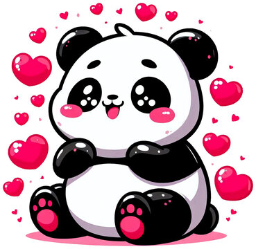 A panda surrounded by floating hearts