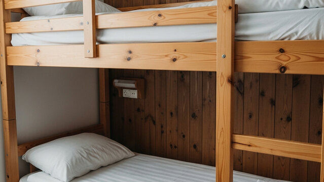 Clean wooden bunk beds with white bedding in a cozy, rustic room.