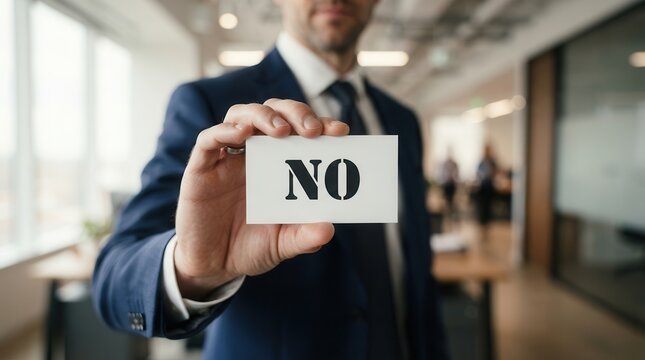 Business person in a suit holding a white card with the word NO to reject a proposal.