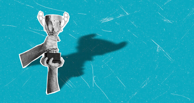 Art collage showing hands holding a trophy with a shadow on a blue background