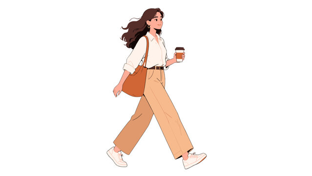 Young woman walking with coffee cup and shoulder bag