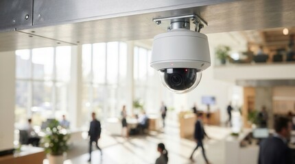 Naklejka premium A modern white security camera mounted on a ceiling in a busy corporate office lobby.
