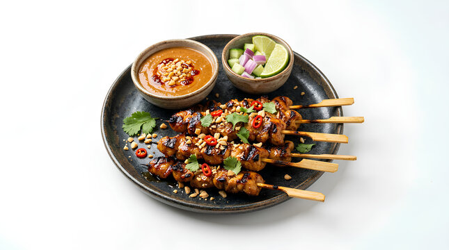 Delicious Japanese Skewers and Appetizers on Black Plate.