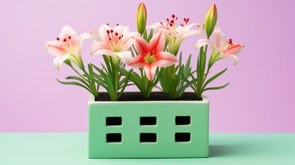 Obraz premium Pink lily flowers in green pot. Floral arrangement for spring home decor background.