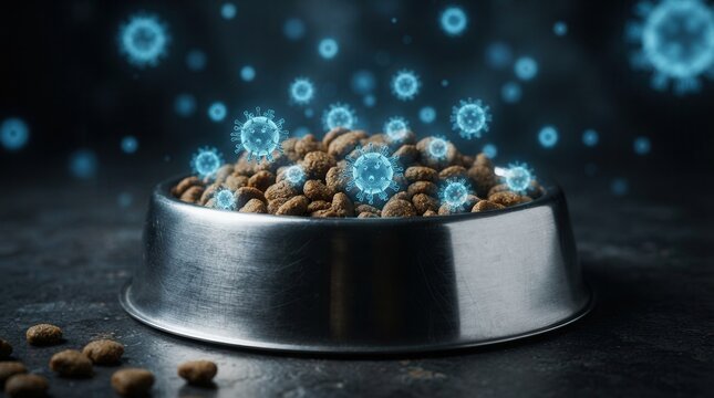 Close-up of pet food kibble in a metal bowl with blue virus particles representing infection risk.