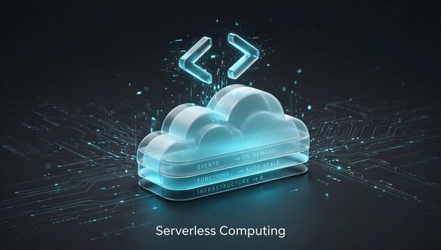 Glowing cloud and code icon illustrate serverless computing v2, scalable cloud function, and modern backend automation.