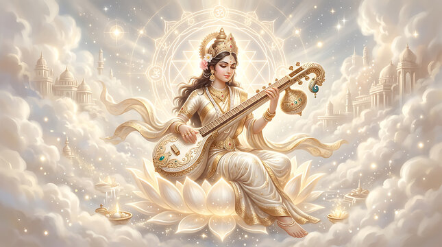 Divine feminine deity playing celestial lute amidst heavenly clouds and luminous palaces symbolizing spiritual harmony and