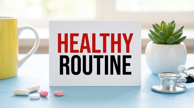Medical professional office desk with healthy routine sign pills and stethoscope for wellness habit.