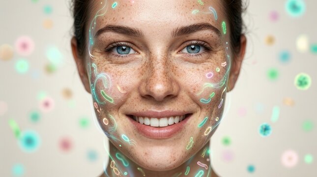 Smiling young person with freckles and glowing microbiota visualized on the skin surface.