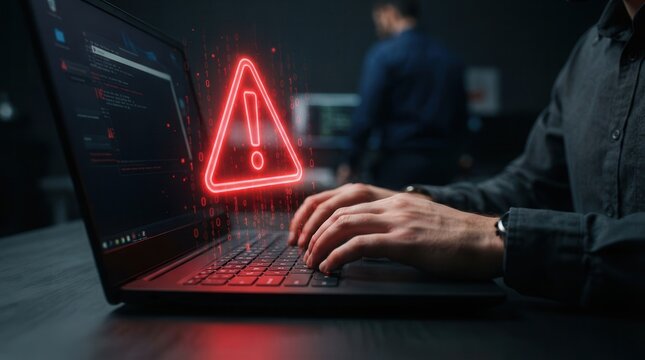 Cyber attack concept with a red warning symbol and error 404 alerts on a laptop.