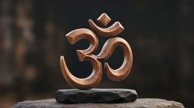 Wooden om symbol on a stone base against a dark background