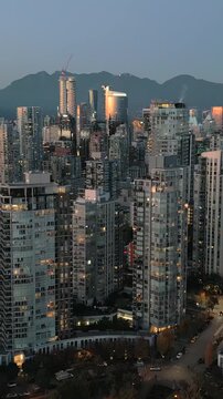 Aerial view on downtown of Vancouver at dusk, Canada. Speed ramp