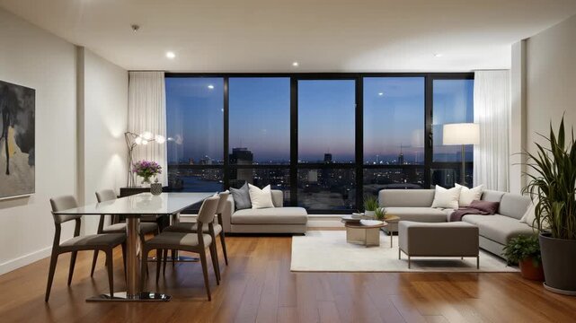 Stylish living room featuring contemporary furniture and decor, bathed in natural light from floor-to-ceiling windows overlooking a bustling cityscape during sunset.