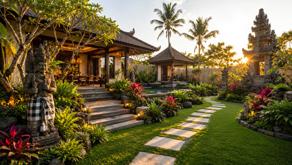 Obraz premium Luxury Modern Home with Beautiful Landscaped Front Garden and Lush Green Lawn Bali Vibes