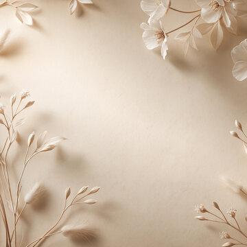 A soft minimalist composition featuring delicate cream-colored flowers and dried grasses arranged gracefully against a textured warm beige background with gentle natural lighting