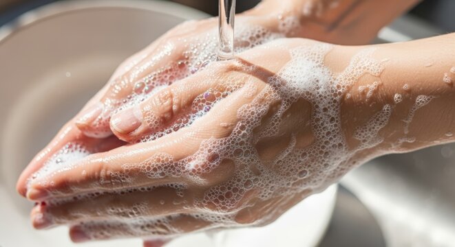 Close-up of hands being washed with soap and water.